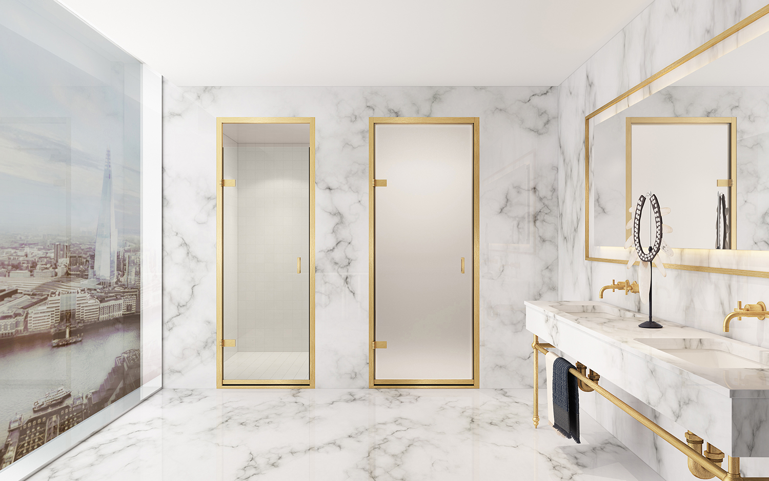 Majestic showers with double doors with gold finish.